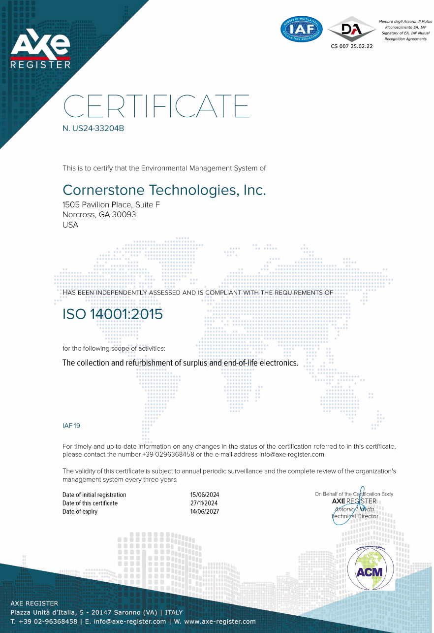 ISO 14001:2015 Environmental Management System Certificate – Cornerstone Technologies