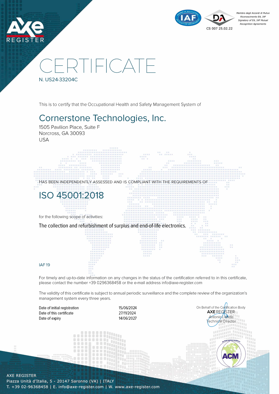 ISO 45001:2018 Occupational Health & Safety Management System Certificate – Cornerstone Technologies