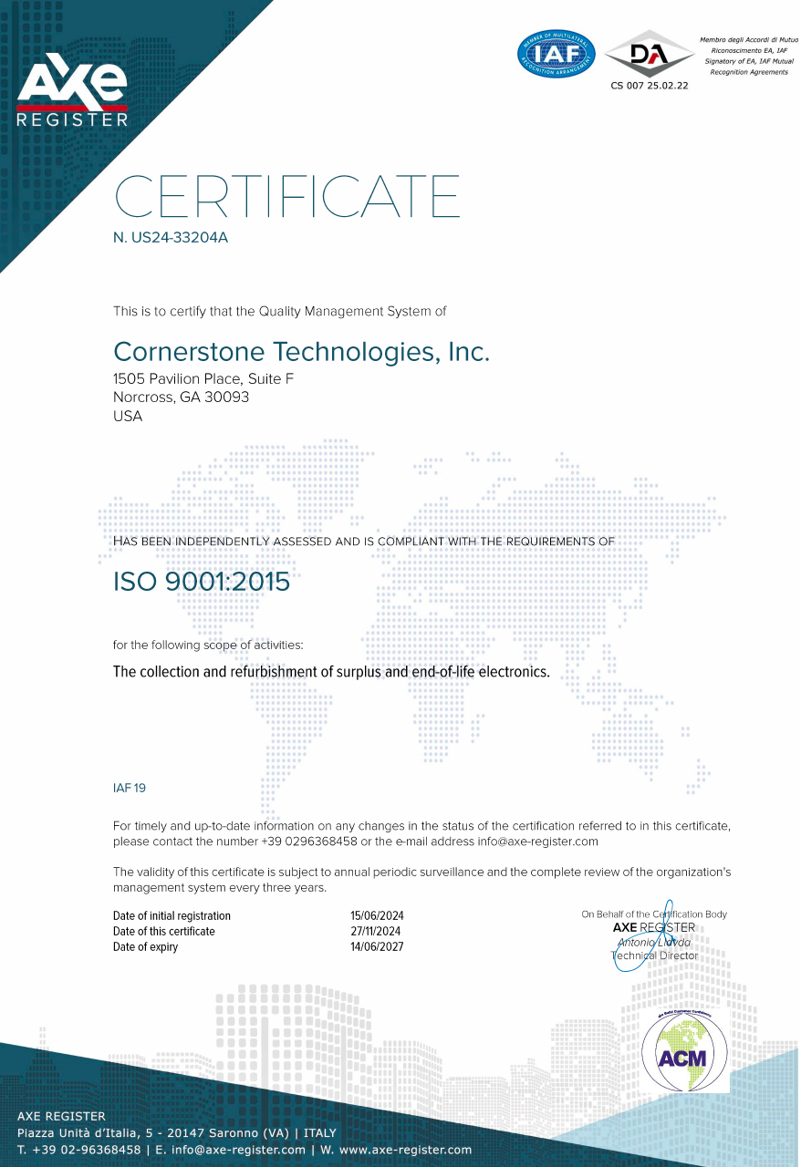 ISO 9001:2015 Quality Management System Certificate – Cornerstone Technologies